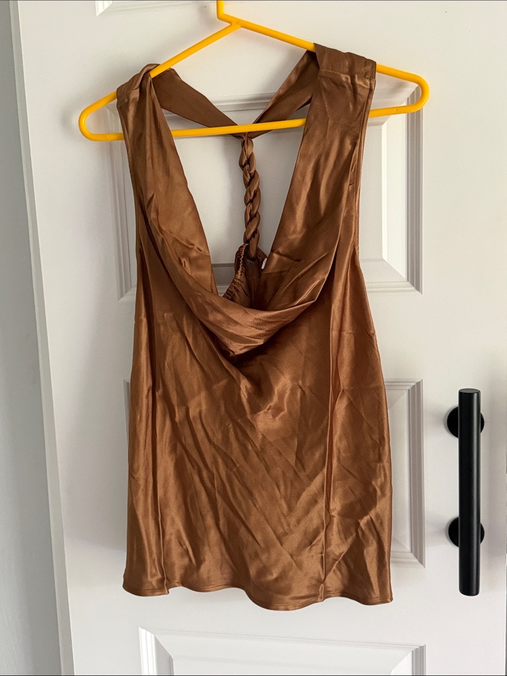 Anthro Self Contrast Satin Brown Cowl Neck‎ Tank with Braided Back size large